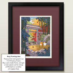 'Fox and Cat at the Onsen' Woodblock Print