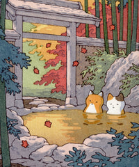 'Fox and Cat at the Onsen' Woodblock Print