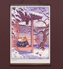 **Pre-Order** 'Fox and Cat, Green Tea in Snow' Wall Scroll