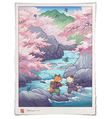 'Fox and Cat, Sakura Hike' Giclee Print