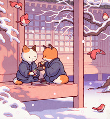 **Pre-Order** 'Fox and Cat, Green Tea in Snow' Wall Scroll