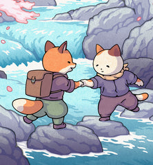 **Pre-Order** 'Fox and Cat, Sakura Hike' Wall Scroll